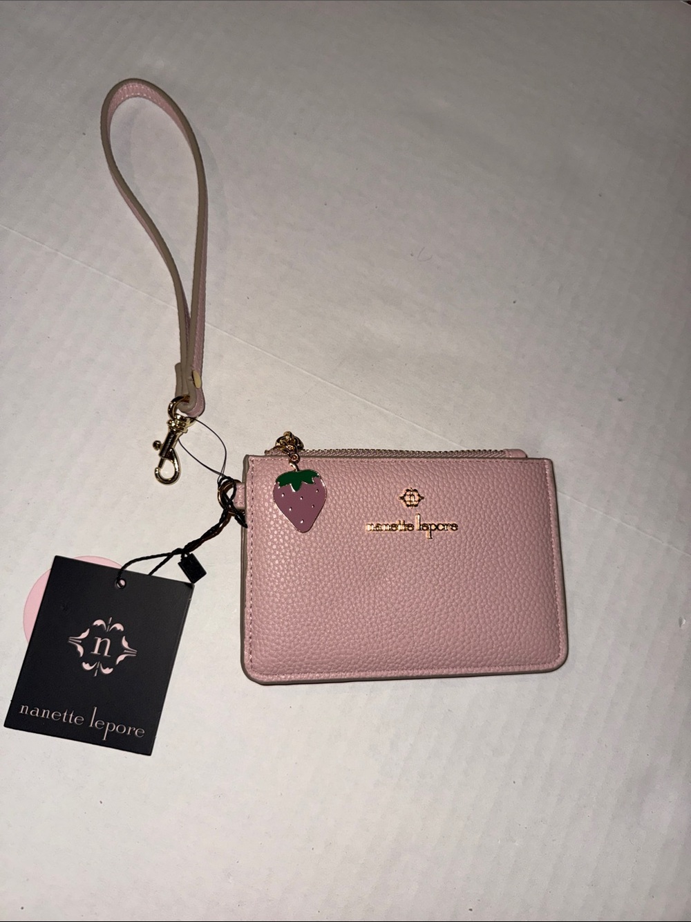 Nanette Lepore Pink Leather Wristlet Card Pouch with Strawberry Charm